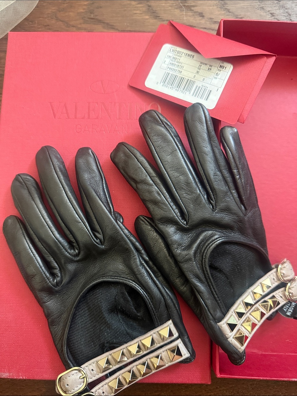Valentino Black Leather Gloves with Gold Rockstud Strap